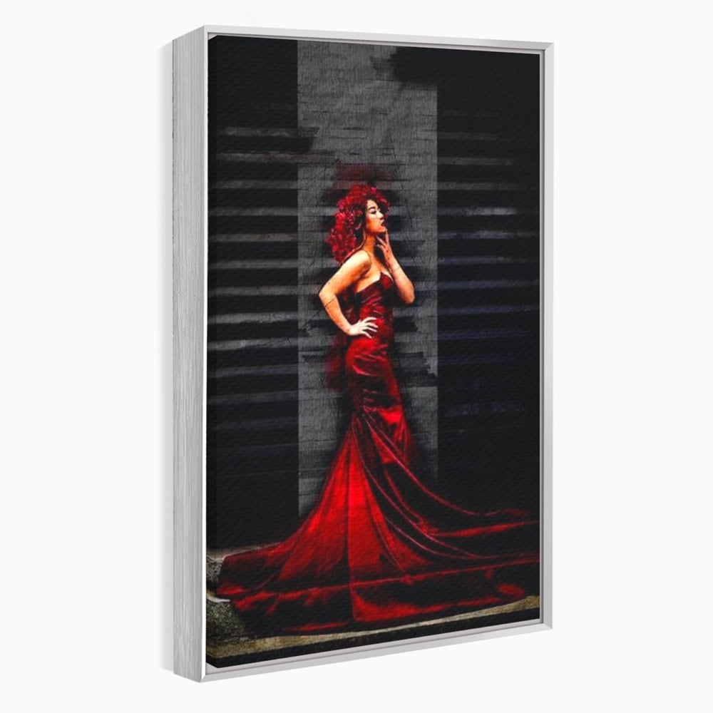 Tablou canvas cu tablou canvas cu femeie in rochie rosie, in rama de aluminiu argintiu